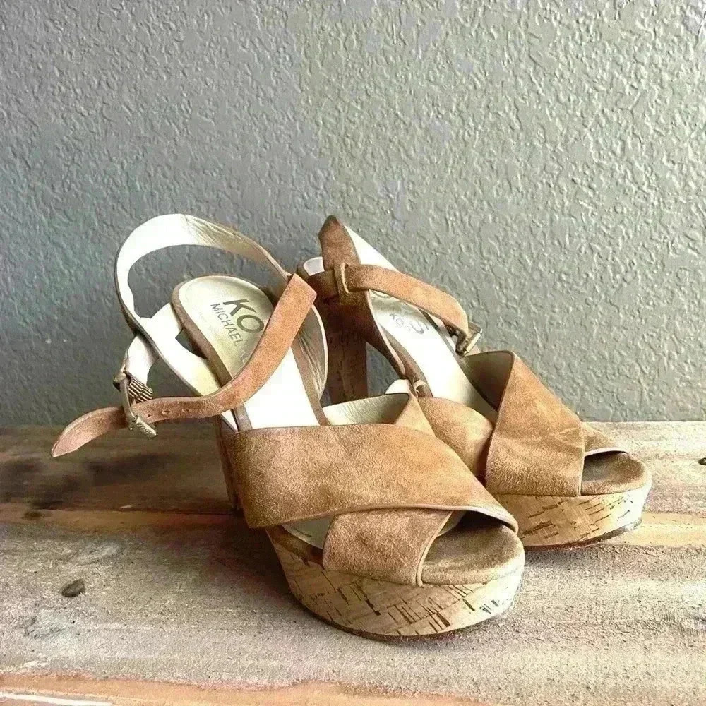 Michael Kors Women's "Adair" Suede Open‎ Toe Cork Platform Sandal Heels - 6M - Picture 4 of 9